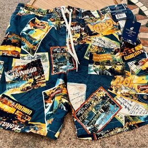 NWT Caribbean Joe Men's Postcard Print Swim Shorts Men’s XL